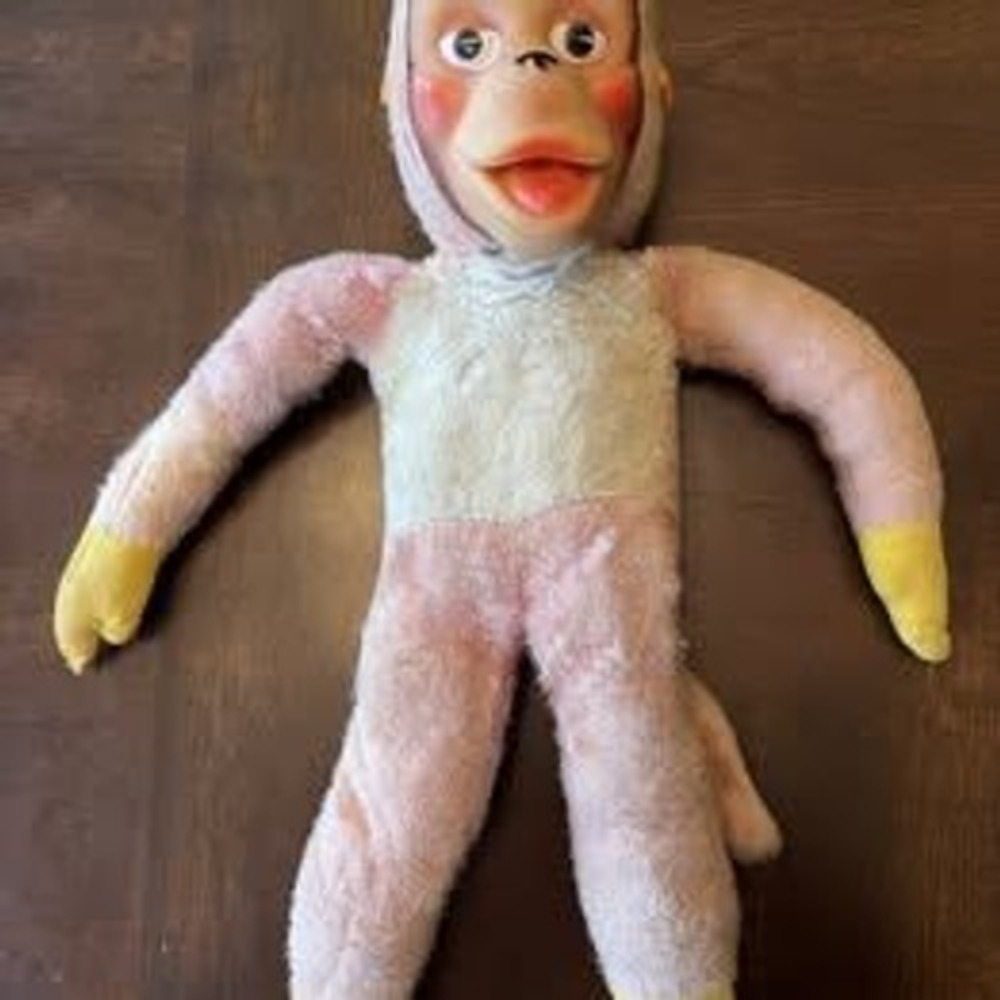 Vintage A.D. Sutton & Sons Rubber Face Plush Monkey Pink Stuffed Animal Toy, 13"
